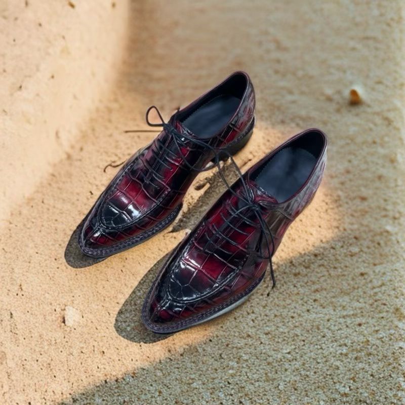 Crocodile Shoes Crocodile Leather Norwegian Sewn Lace Up Dress Shoes Vintage Wine Red