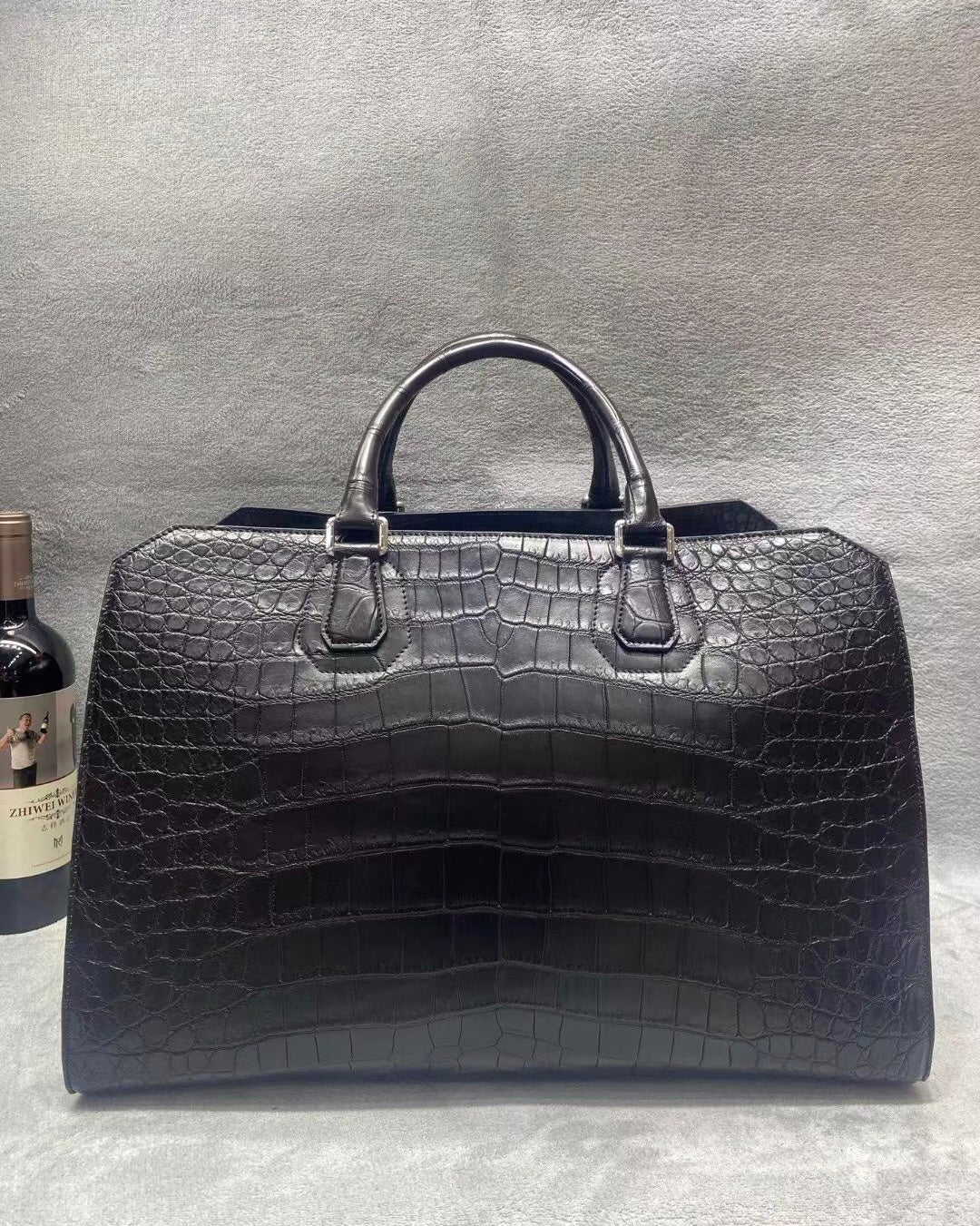 Crocodile Skin Leather Travel Duffle Bag Matt Black & Dark Blue