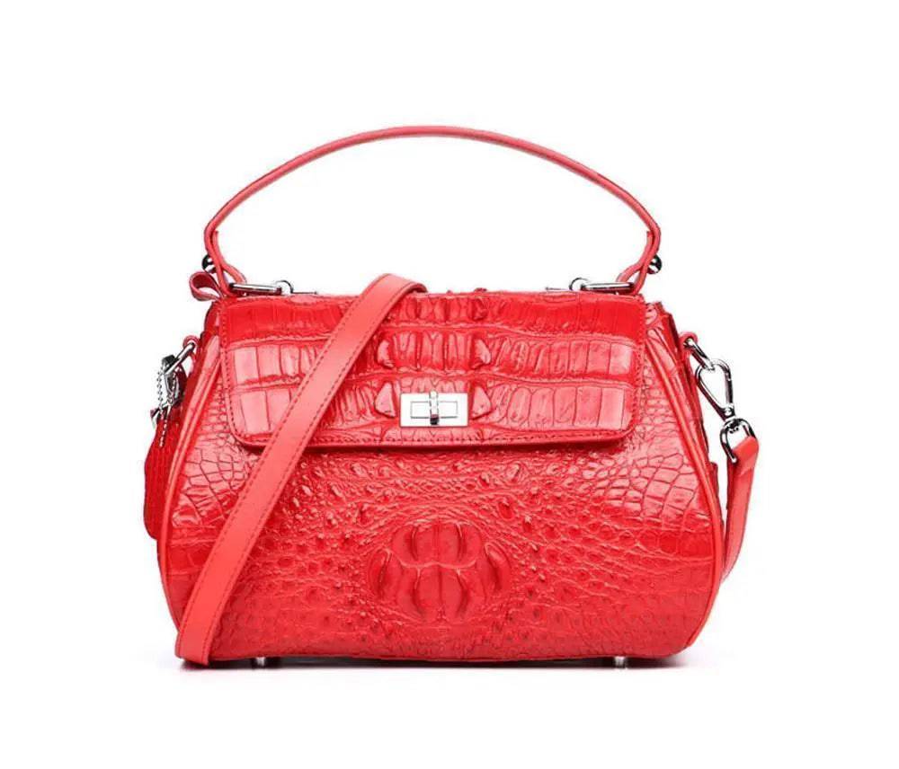 Women's Crocodile Leather Small  Turn Lock Top Handle Cross Body Bag