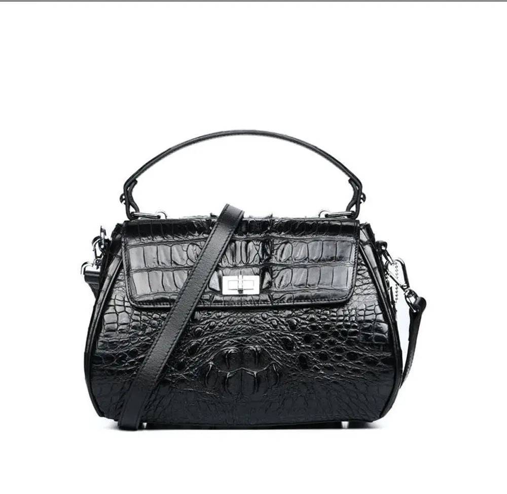 Women's Crocodile Leather Small  Turn Lock Top Handle Cross Body Bag