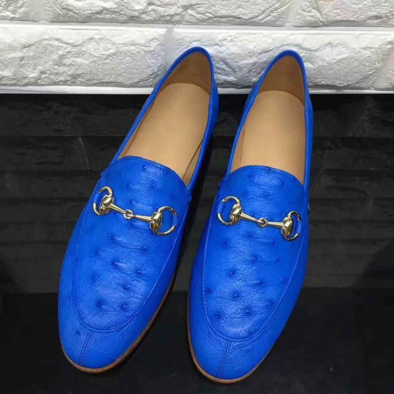 Crocodile Shoes Women's Gold Buckle Ostrich Leather Casual Dress Slip-On Loafer Shoes