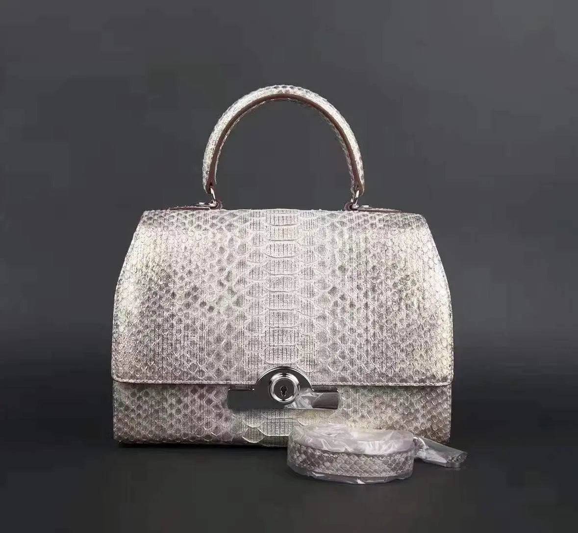 Womens Python Leather Top Handle Satchel Bag