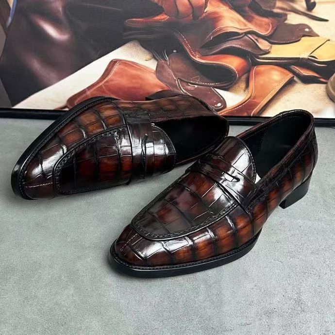 Crocodile Leather Loafer Shoes Vintage Brown