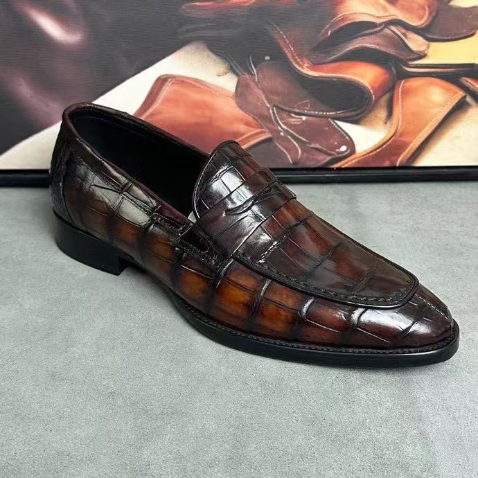 Crocodile Leather Loafer Shoes Vintage Brown