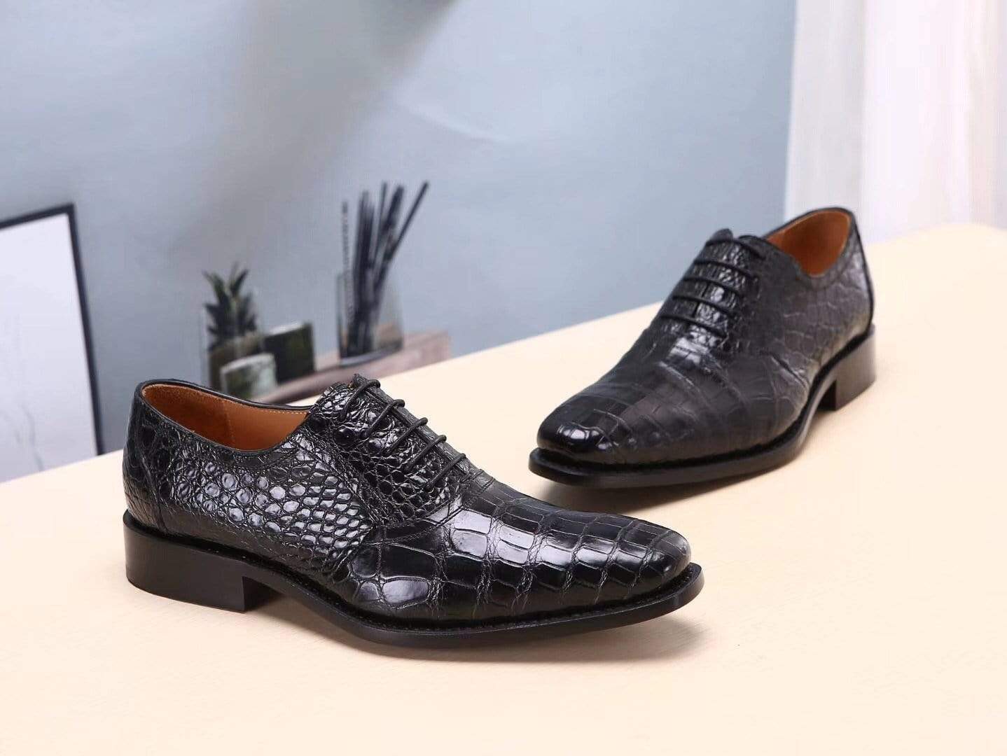 Crocodile Shoes Black Men's  Crocodile Belly Leather  Lace Ups Shoes- Men's Dress Shoe,Goodyear Sole