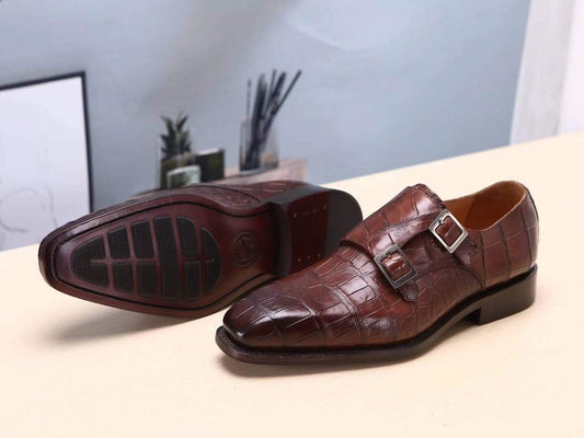 Crocodile Shoes Brown Mens Shoes Crocodile Belly Leather Monk Double Strap Dress Shoes,Goodyear Sole