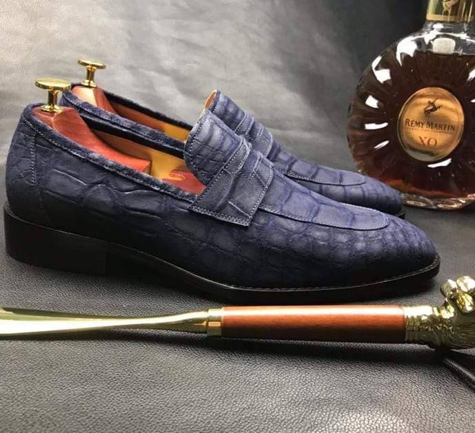Crocodile Shoes Classic Sanded Genuine Crocodile Leather Slip On loafers driving shoes Blue