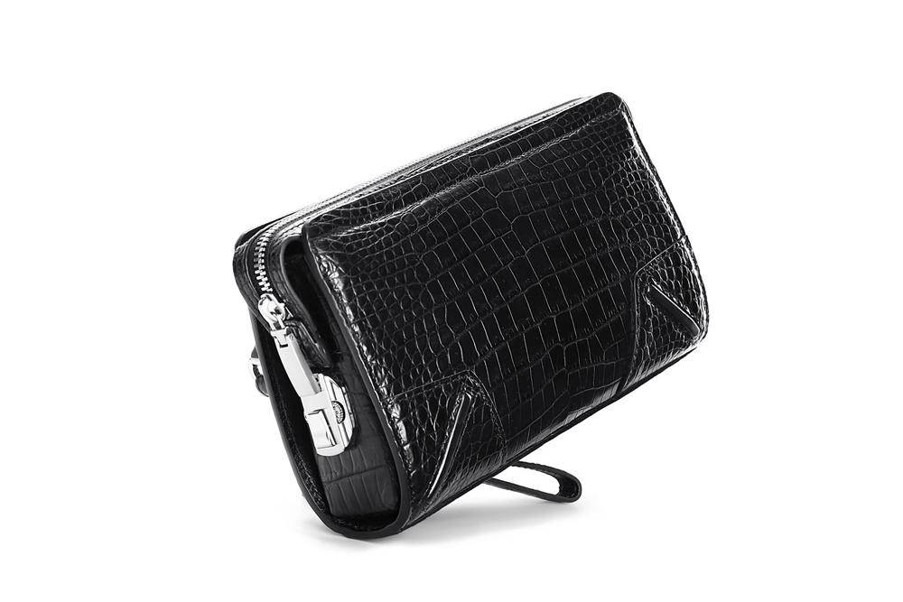 Crocodile Center Belly Leather Business Code Lock Clutch With Wrist Strap