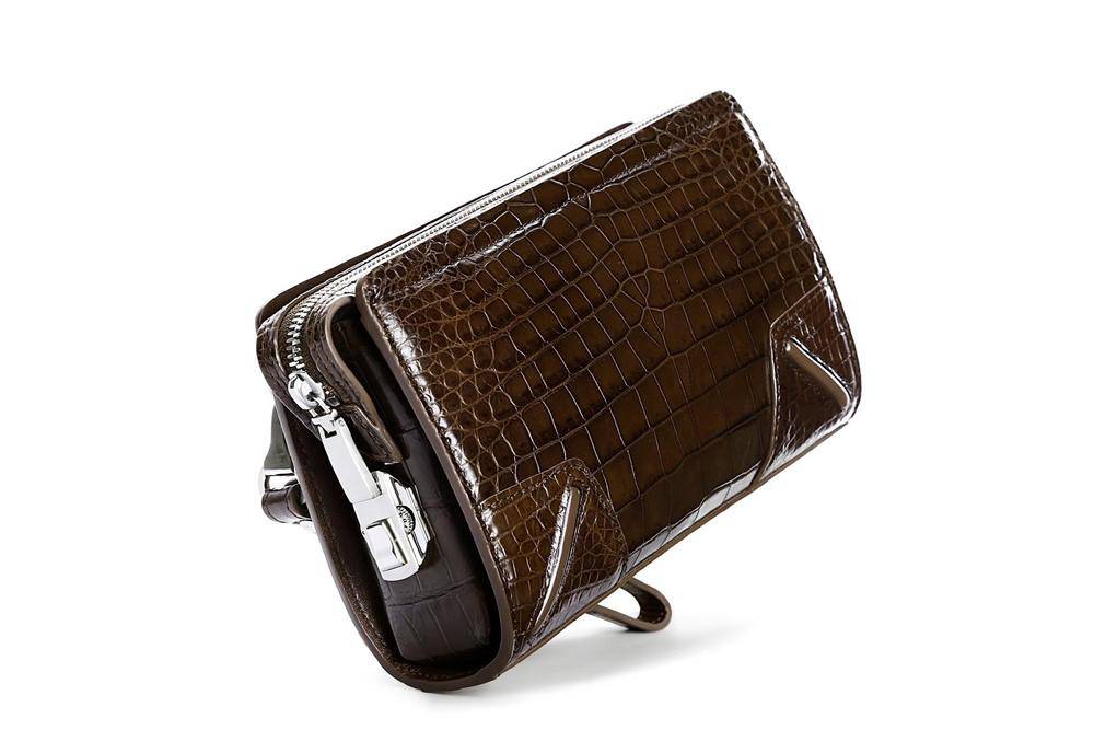 Crocodile Center Belly Leather Business Code Lock Clutch With Wrist Strap