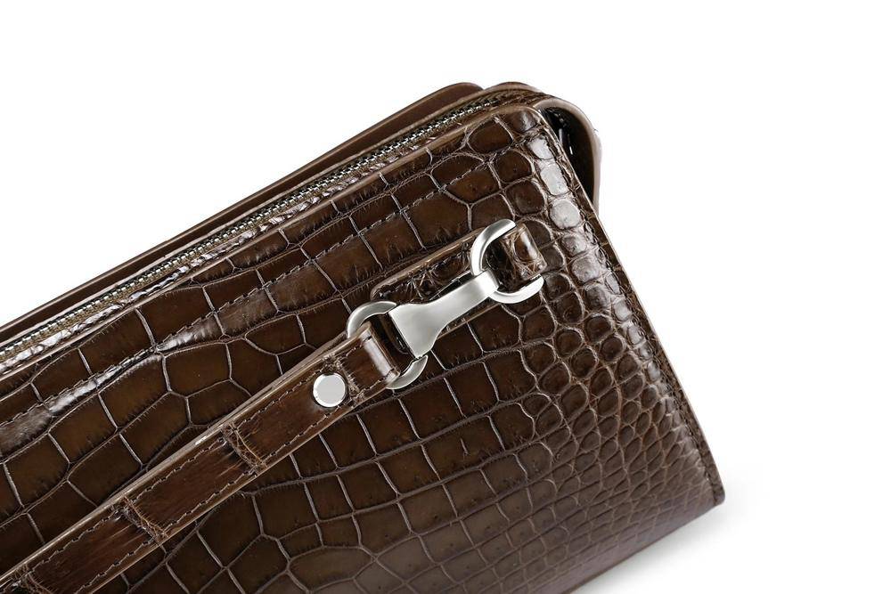 Crocodile Center Belly Leather Business Code Lock Clutch With Wrist Strap