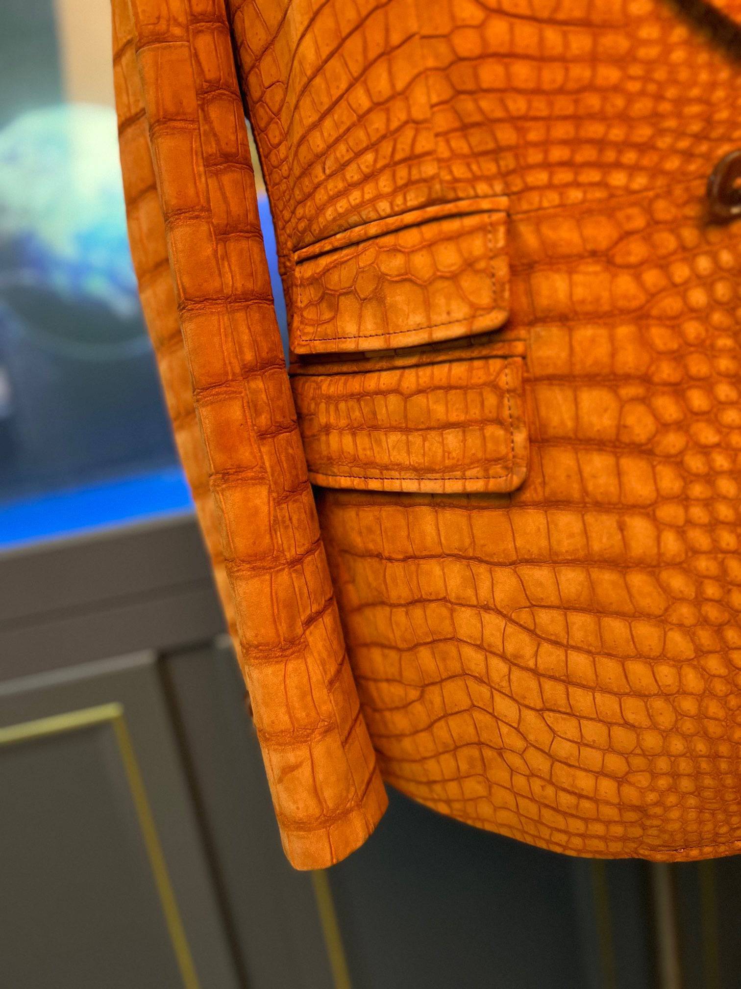 Stylish Orange Nubuck Crocodile Leather Suite Blazer