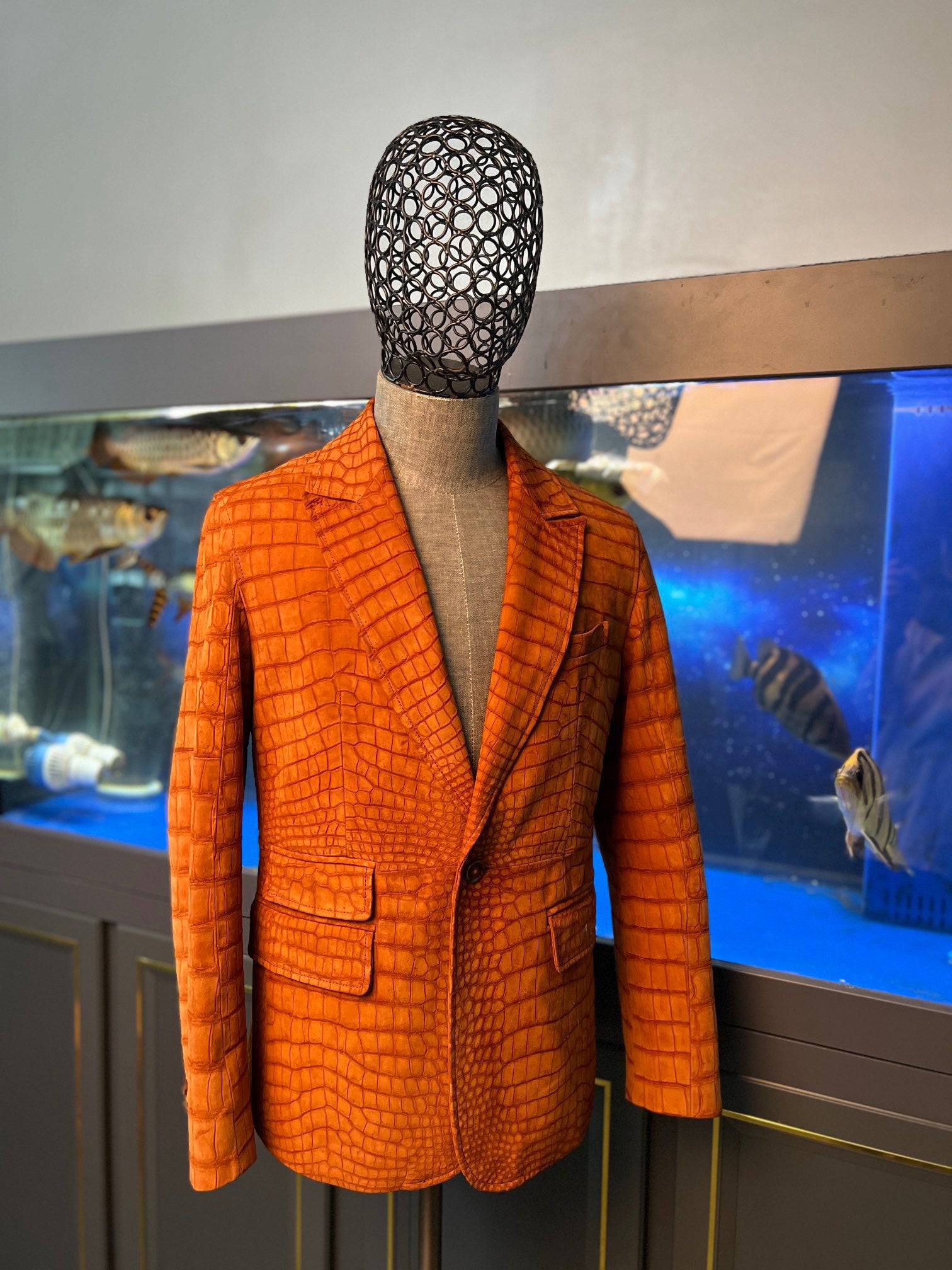 Stylish Orange Nubuck Crocodile Leather Suite Blazer