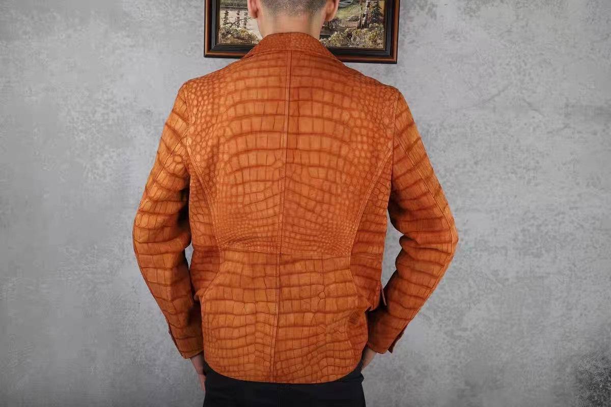 Stylish Orange Nubuck Crocodile Leather Suite Blazer