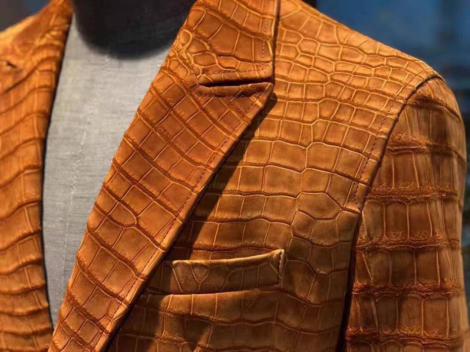 Stylish Orange Nubuck Crocodile Leather Suite Blazer
