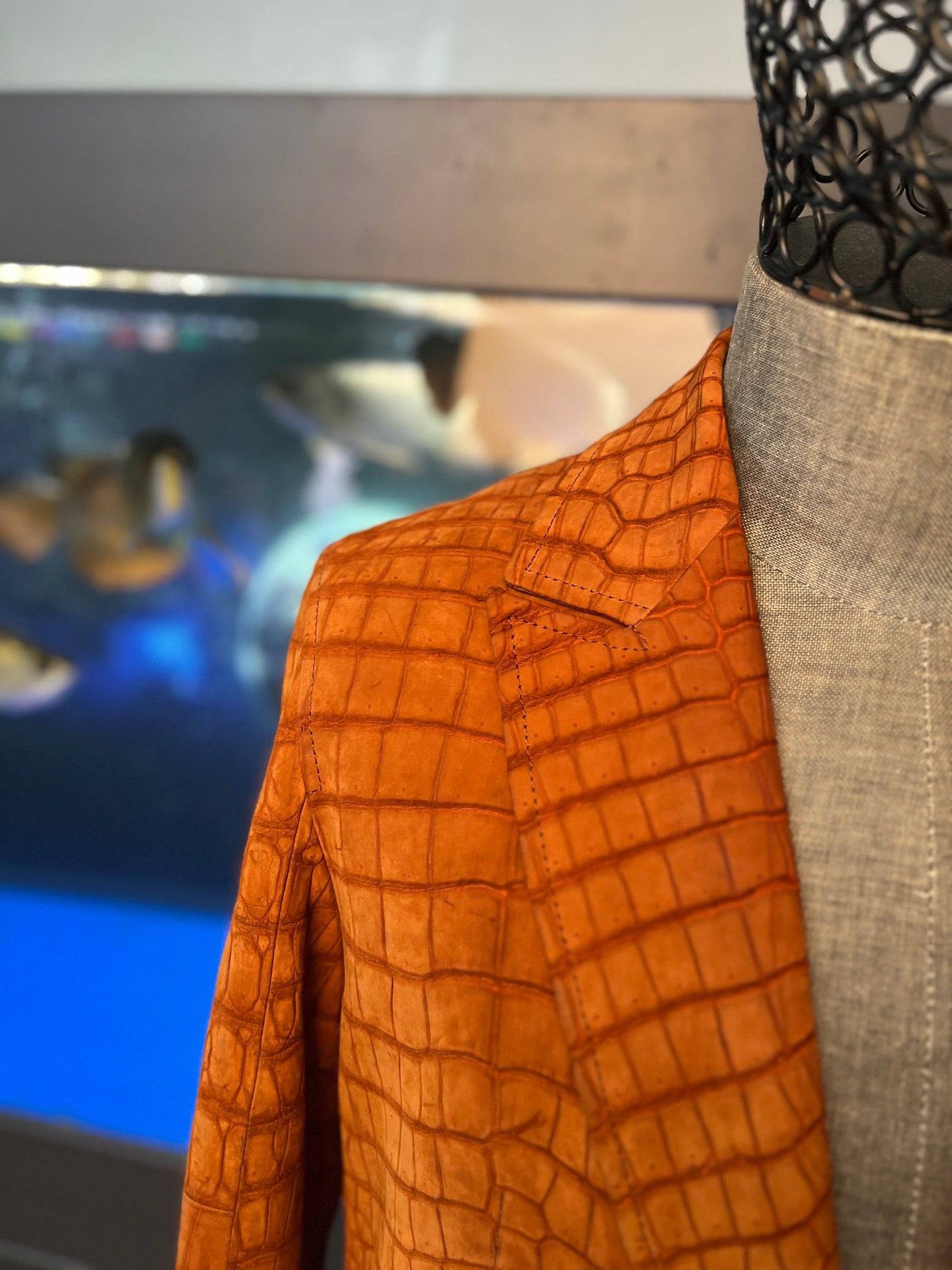 Stylish Orange Nubuck Crocodile Leather Suite Blazer