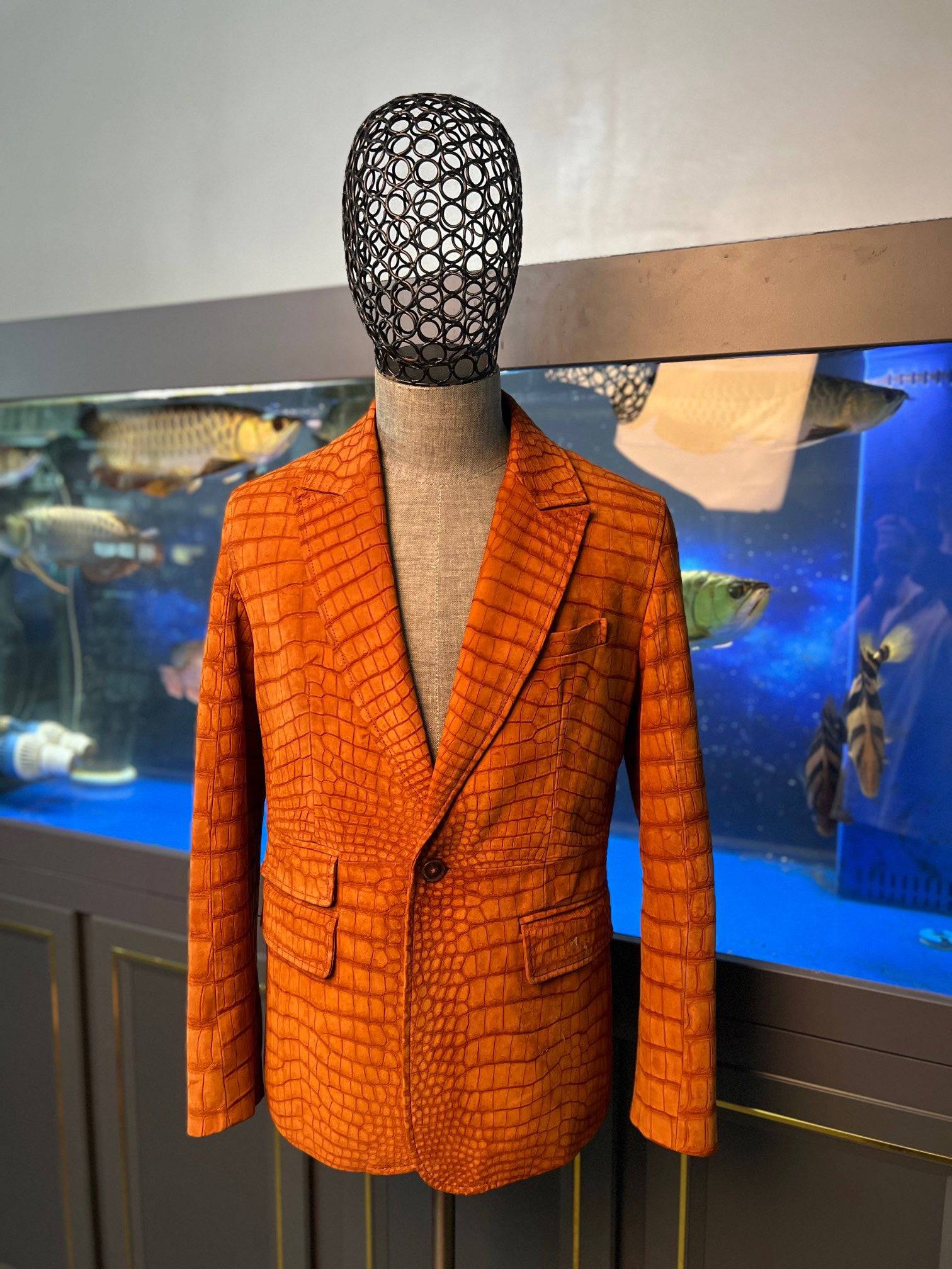 Stylish Orange Nubuck Crocodile Leather Suite Blazer