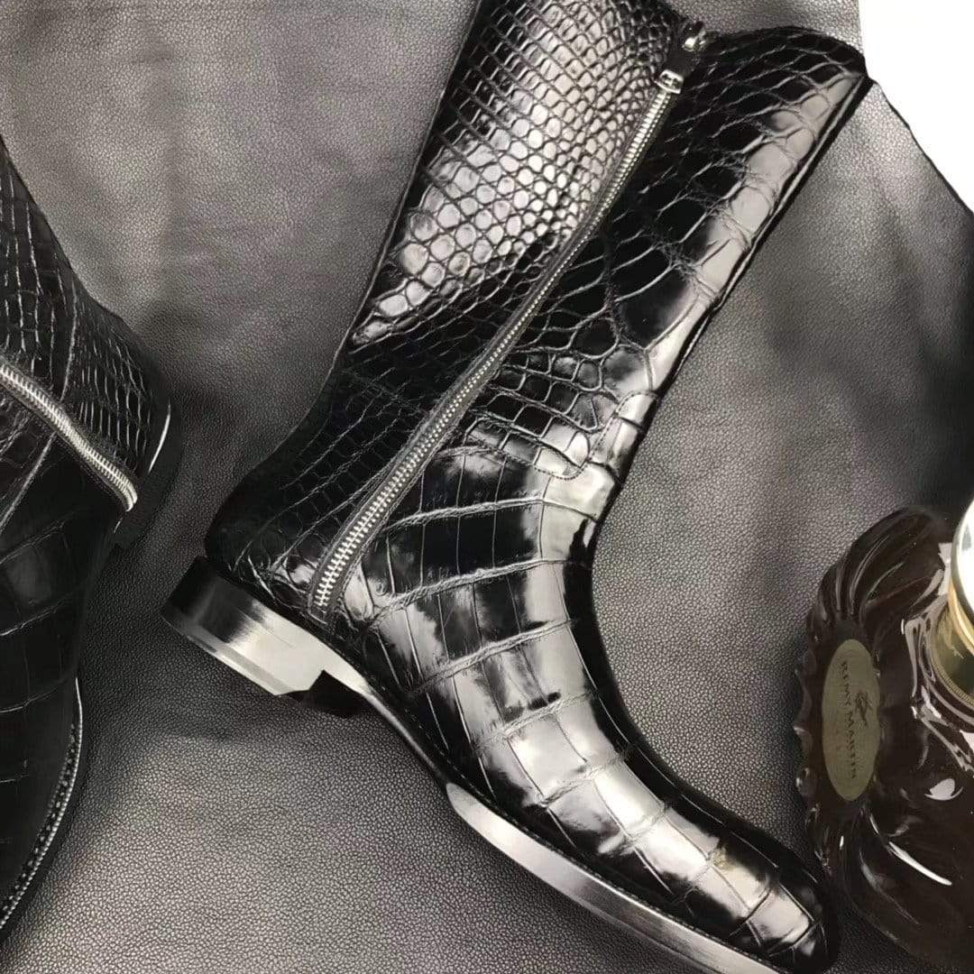 Preorder Mens Boots,Crocodile Boots,Genuine Crocodile Leather Long Side Zip Boots Black