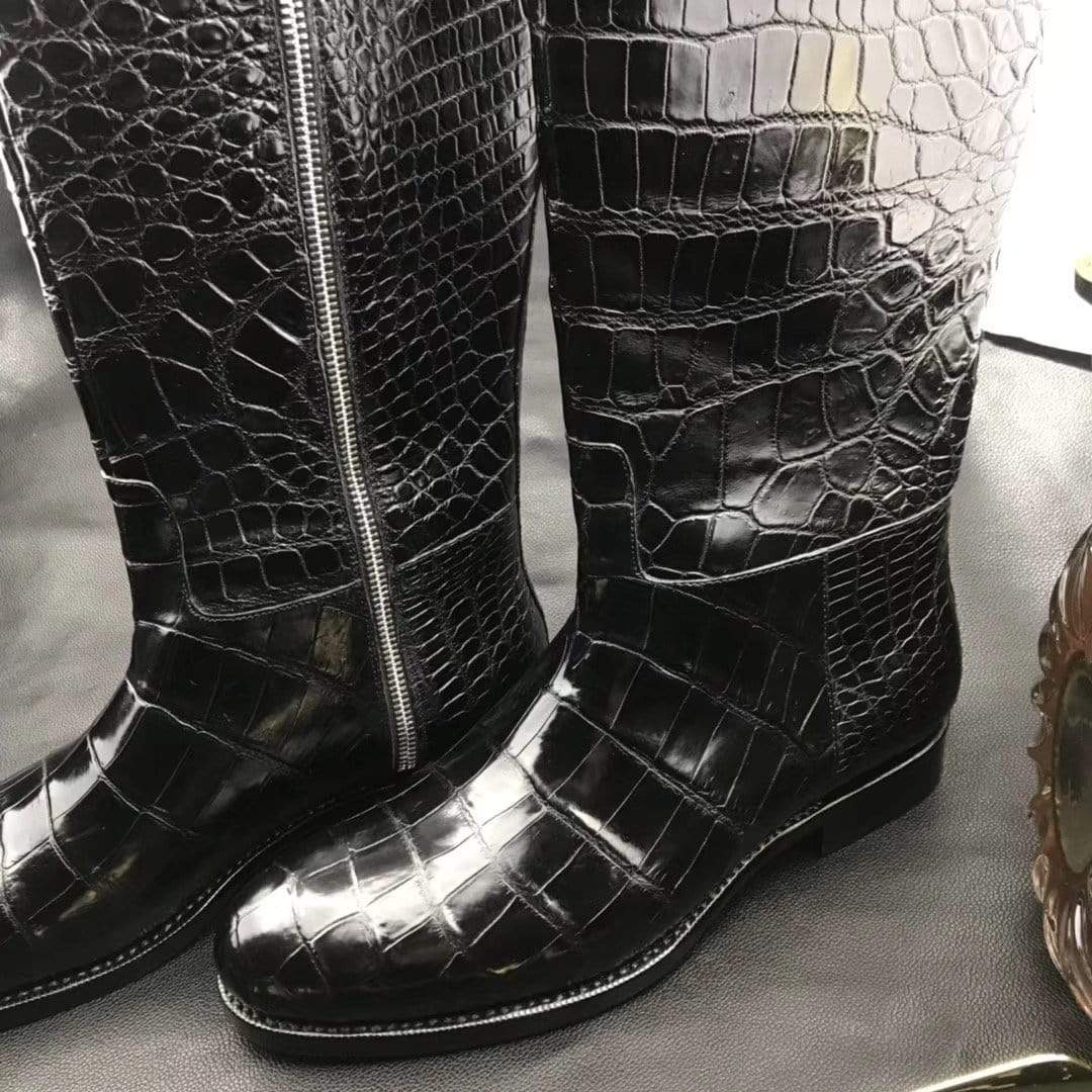 Preorder Mens Boots,Crocodile Boots,Genuine Crocodile Leather Long Side Zip Boots Black