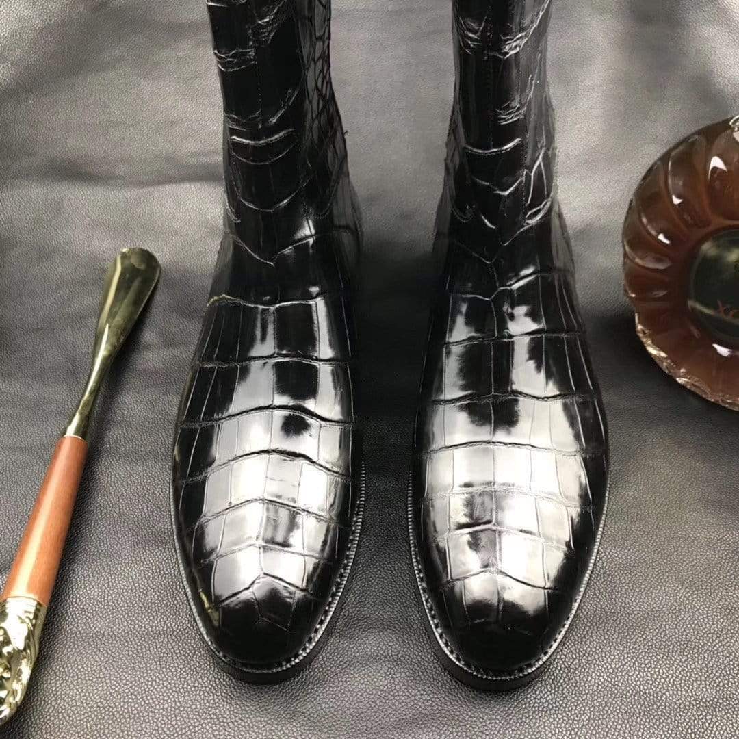 Preorder Mens Boots,Crocodile Boots,Genuine Crocodile Leather Long Side Zip Boots Black