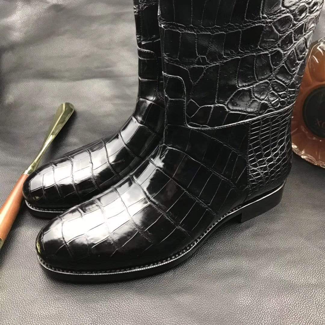 Preorder Mens Boots,Crocodile Boots,Genuine Crocodile Leather Long Side Zip Boots Black