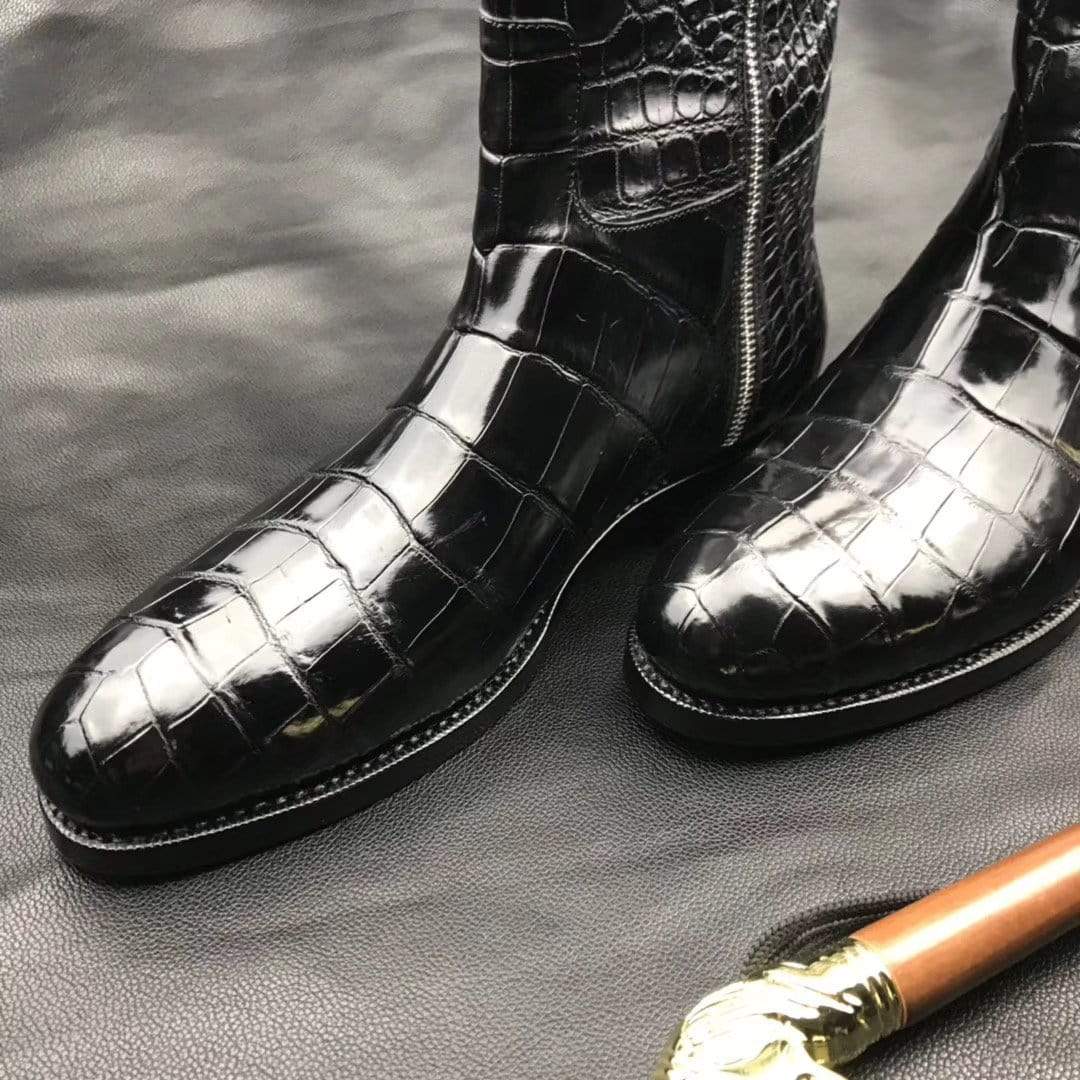 Preorder Mens Boots,Crocodile Boots,Genuine Crocodile Leather Long Side Zip Boots Black