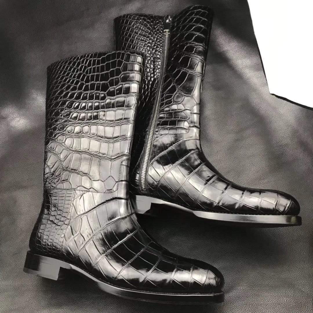 Preorder Mens Boots,Crocodile Boots,Genuine Crocodile Leather Long Side Zip Boots Black