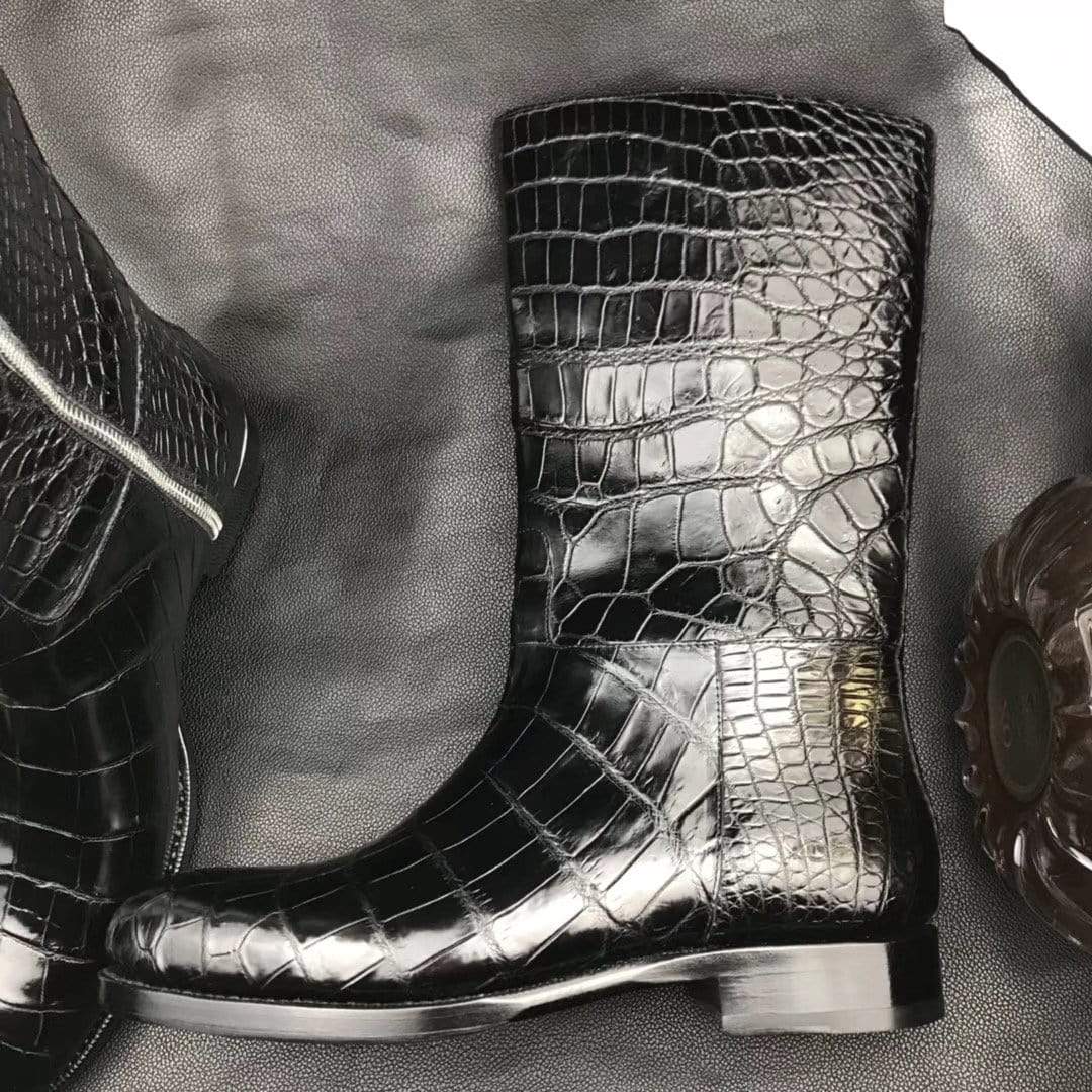 Preorder Mens Boots,Crocodile Boots,Genuine Crocodile Leather Long Side Zip Boots Black
