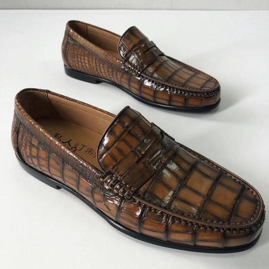 Crocodile Leather Shoes Mens Slip-On Driving Loafer Shoes Vintage Colors