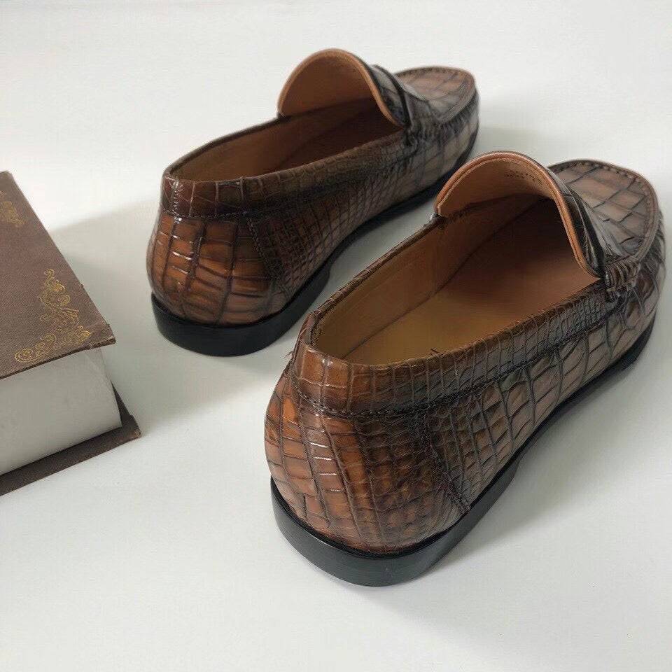 Crocodile Shoes Crocodile  Leather Shoes Mens Slip-On Driving Loafer Shoes Vintage Brown
