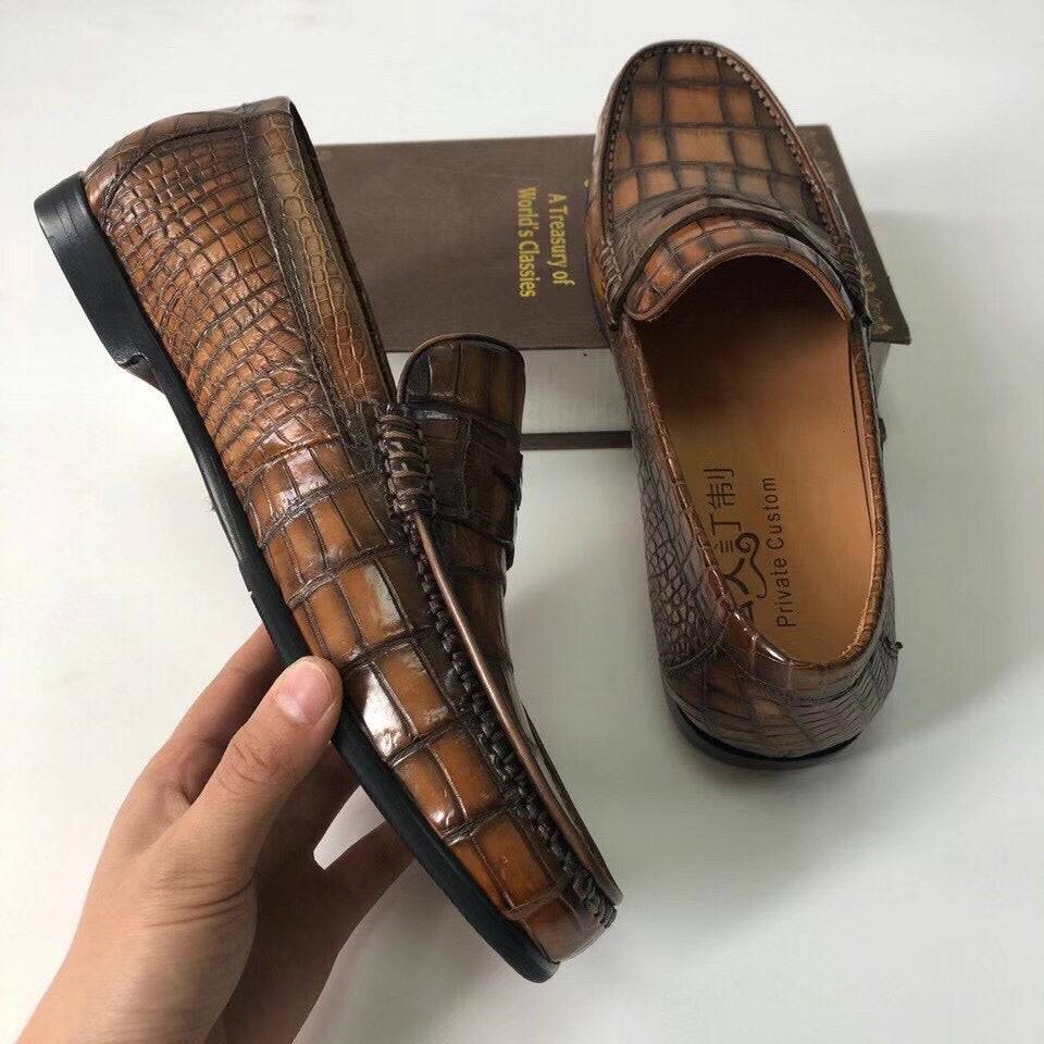 Crocodile Shoes Crocodile  Leather Shoes Mens Slip-On Driving Loafer Shoes Vintage Brown
