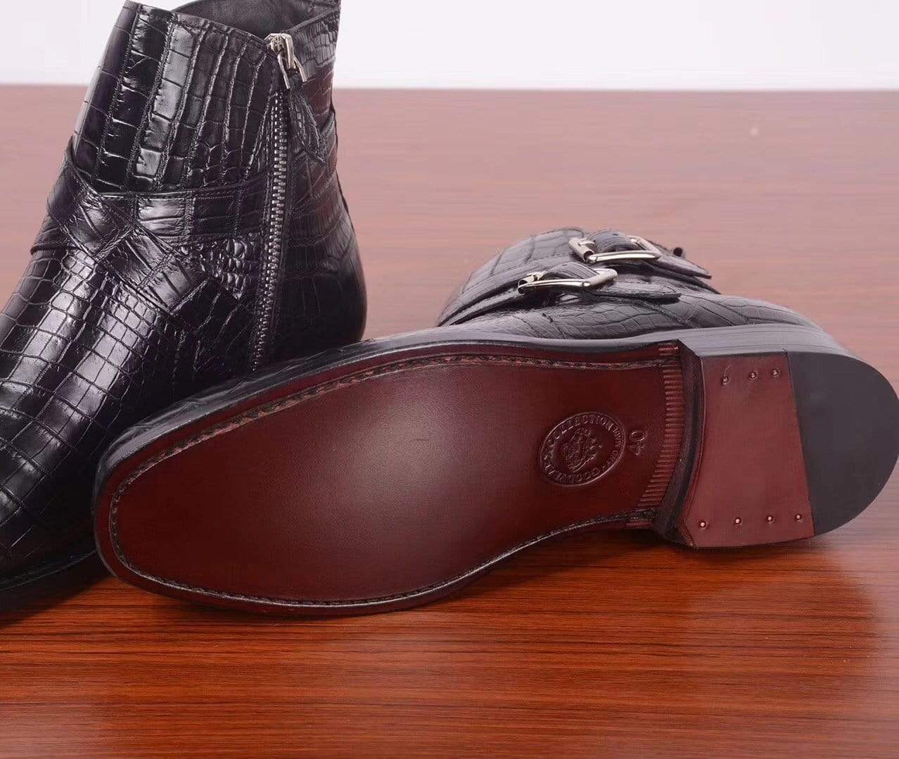 Crocodile Shoes Mens Crocodile Leather Side Zipper Double Crossed Strap Boots