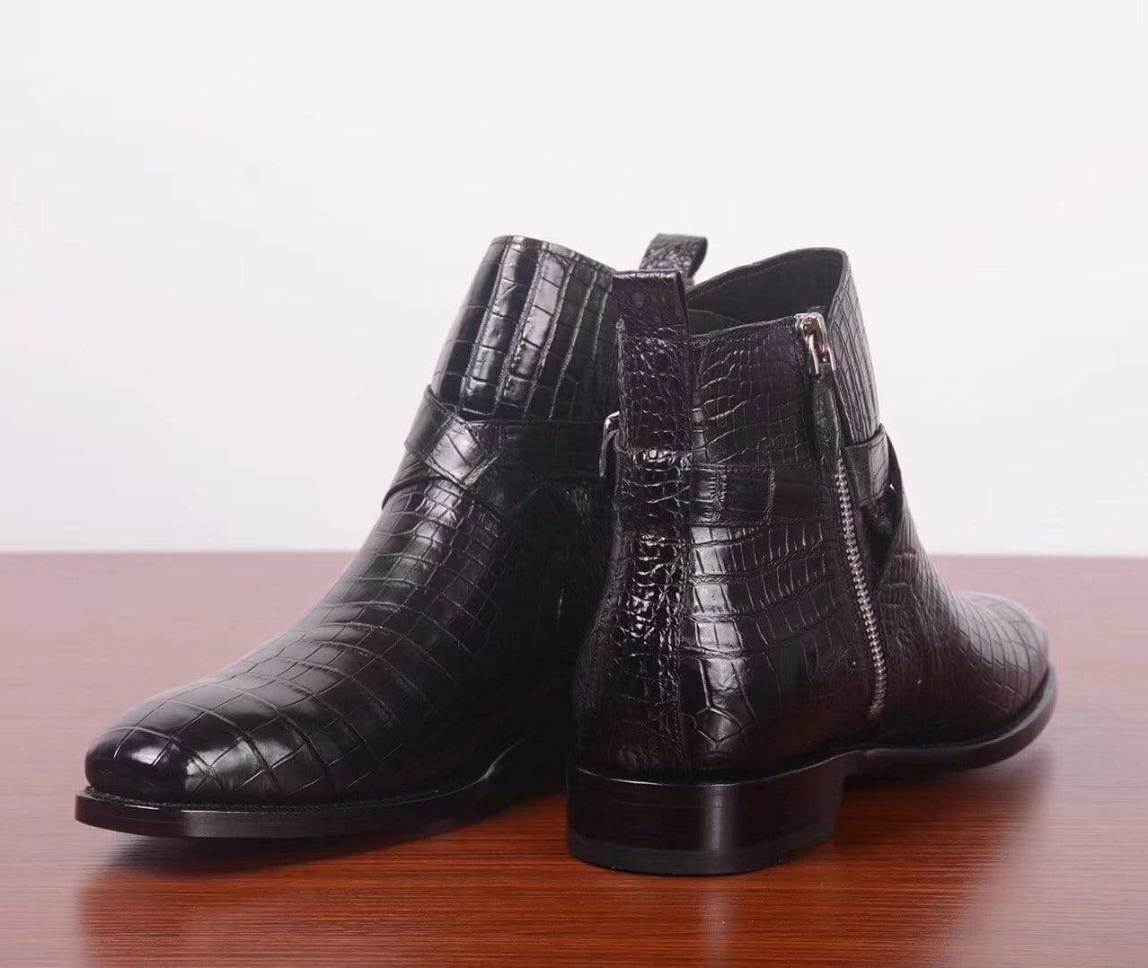 Crocodile Shoes Mens Crocodile Leather Side Zipper Double Crossed Strap Boots