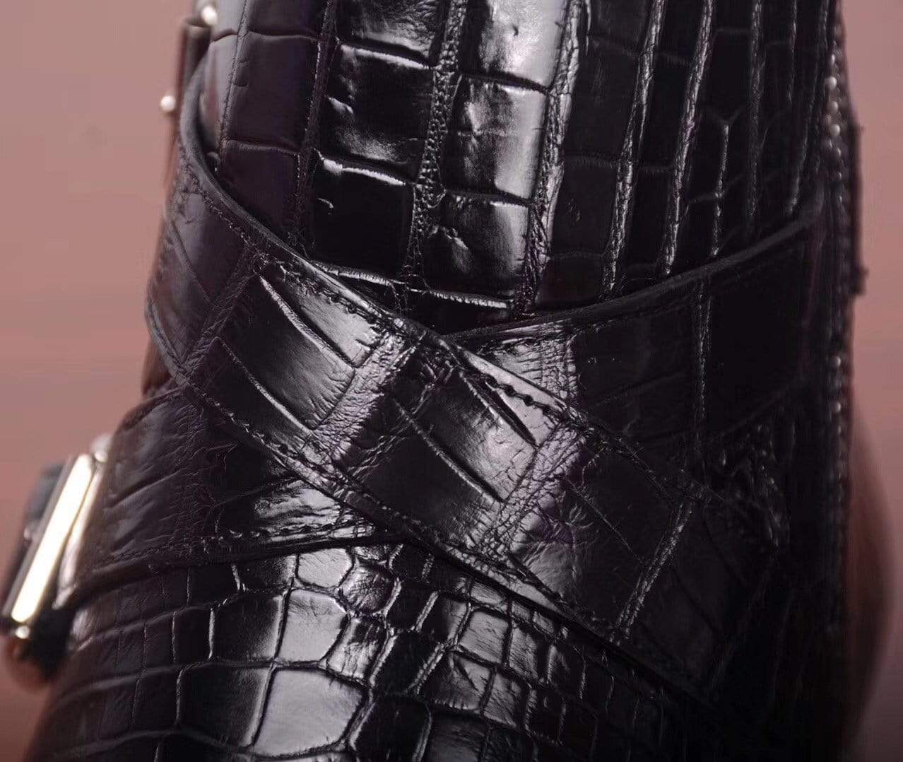 Crocodile Shoes Mens Crocodile Leather Side Zipper Double Crossed Strap Boots