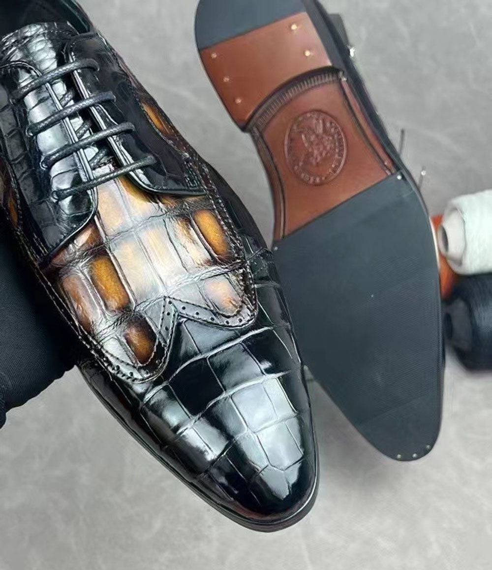 Crocodile Shoes Crocodile Leather Two Tone Shoes,Brogue Formal Shoes,Lace Up Dress Shoes