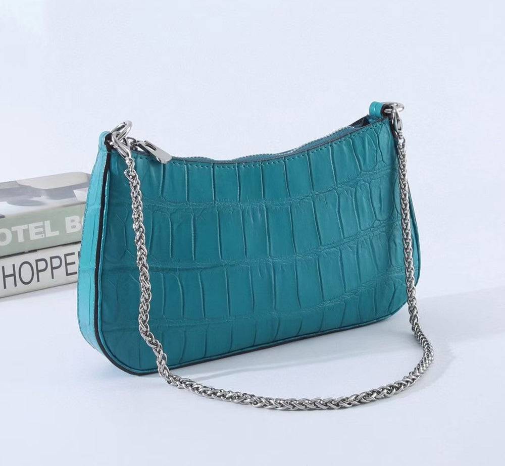 Crocodile Leather Underarm With Chain Shoulder Strap Bag Turquiose Blue