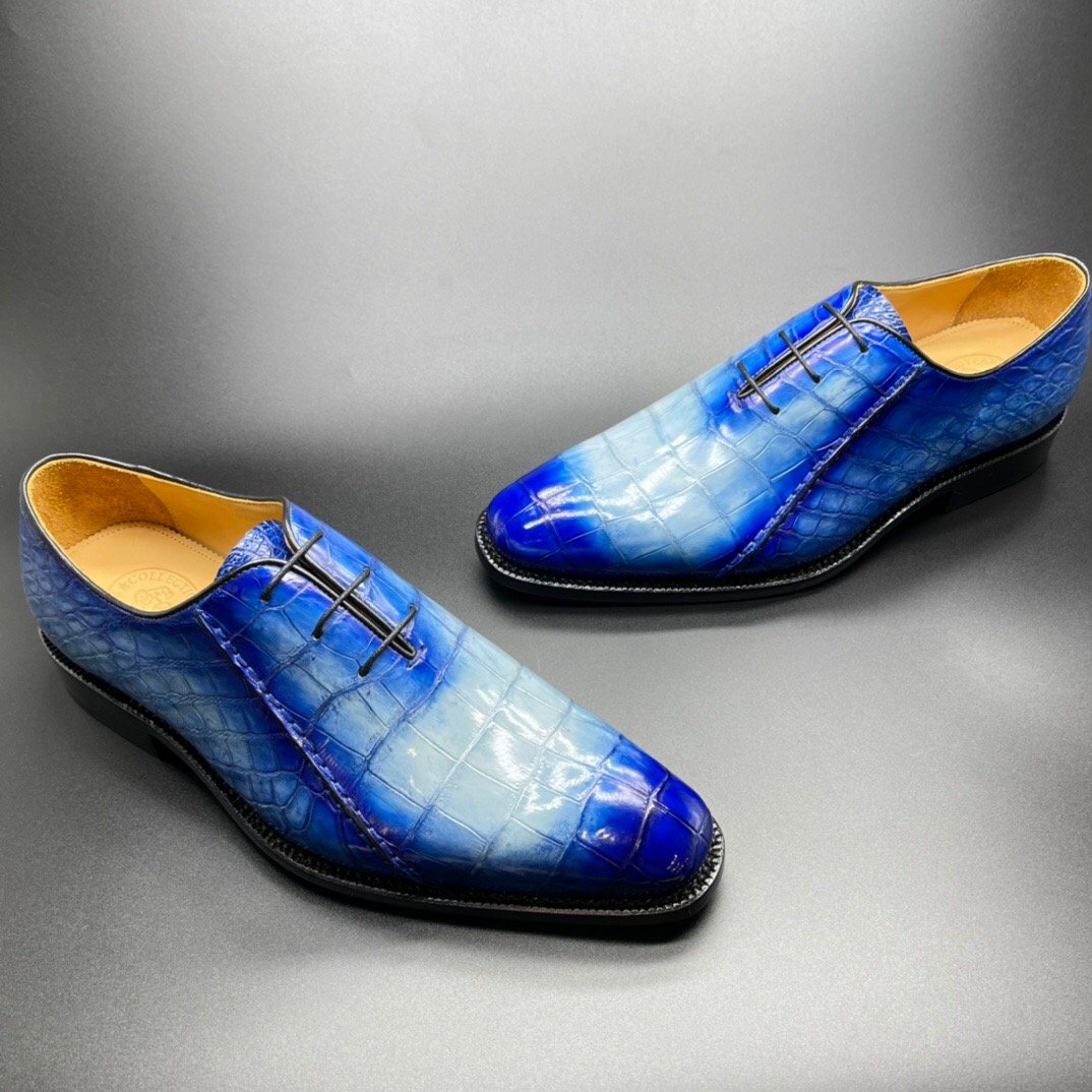 Crocodile Shoes Genuine Crocodile Leather Mens Penny Loafers Dress Shoes Hand Painted Two Tone Blue