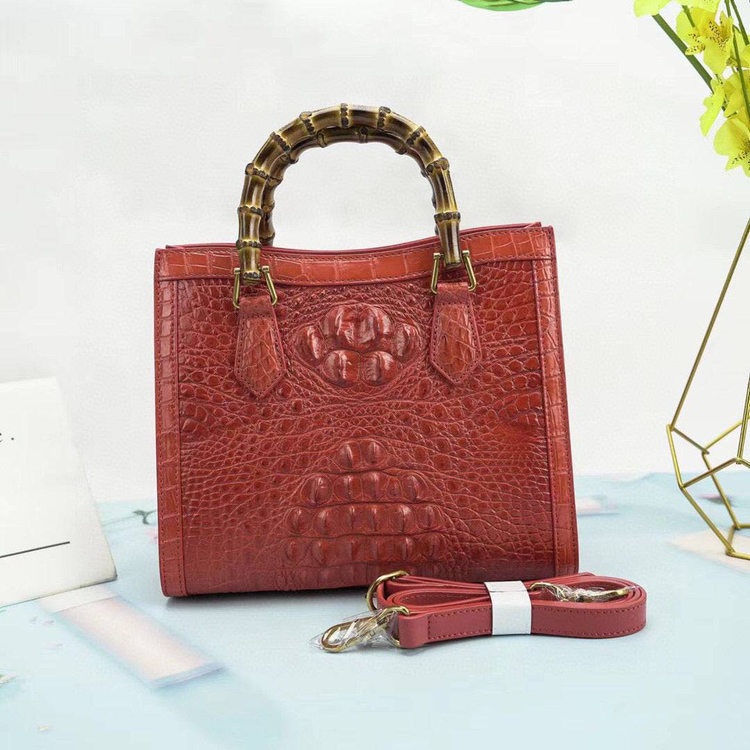Crocodile Skin Leather Bamboo Top Handle Bag