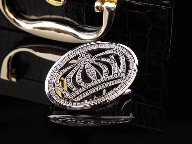 Crocodile Skin Leather Belt Crown Black