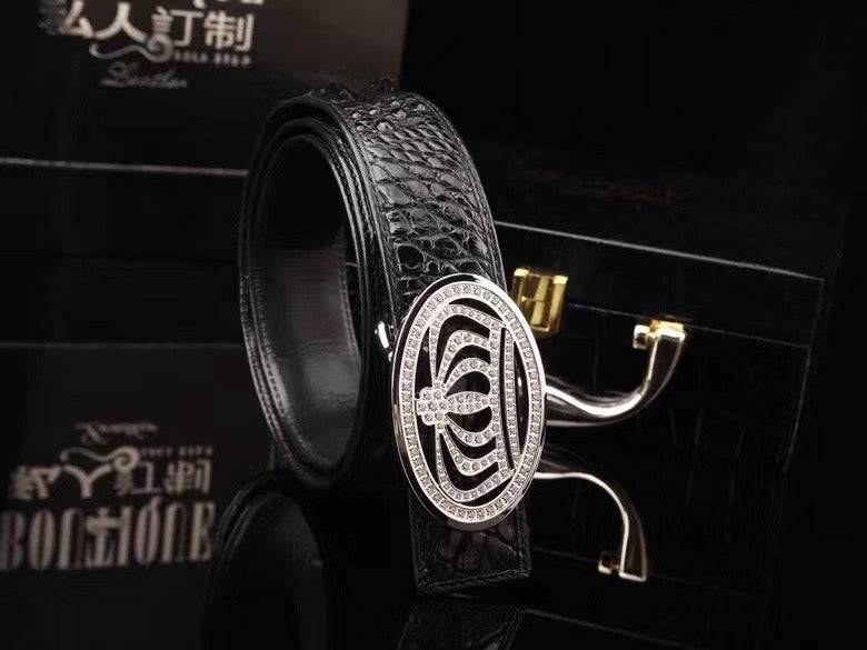 Crocodile Skin Leather Belt Crown Black