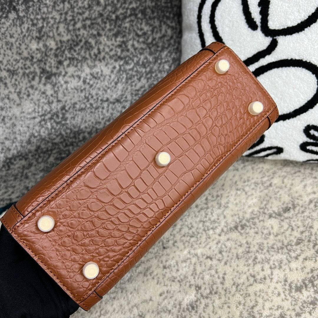 Crocodile Skin Leather Shoulder Crossbody Bag With Bamboo Handle Tan