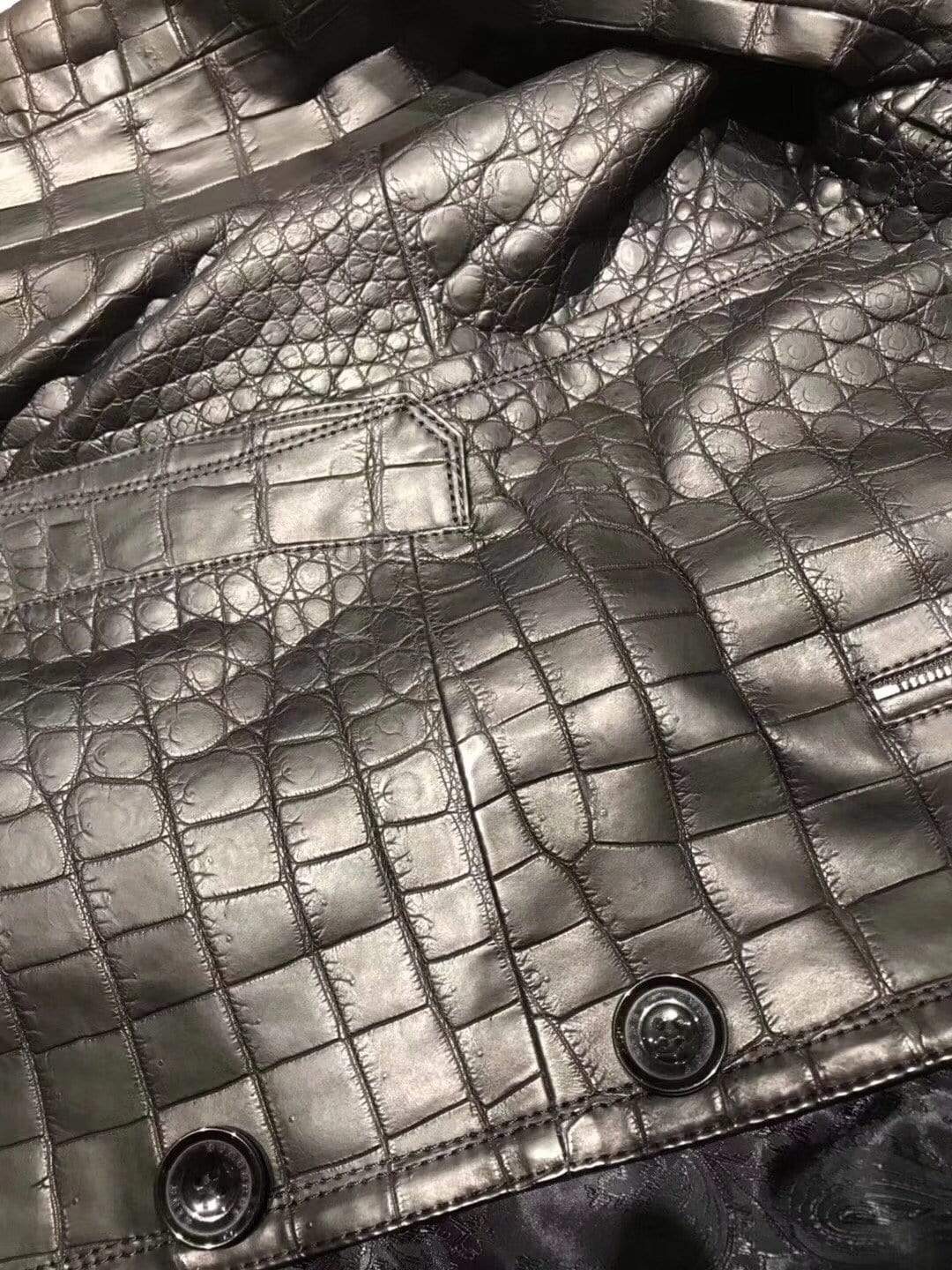 Exotic Crocodile Skin  Black Long Windbreaker With Zip  for Men