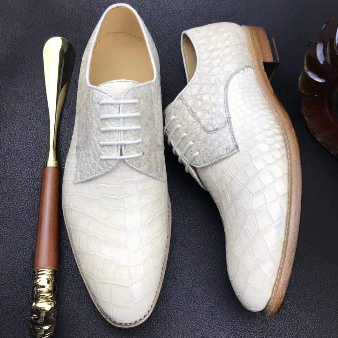 Crocodile Shoes Mens  Genuine Crocodile Leather  Lace Up Shoe White