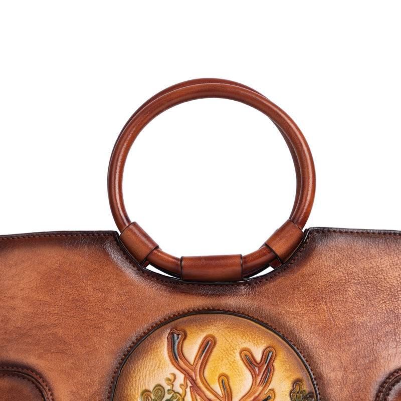 Rossie Viren Women's Fashion Large Capacity Round Handle Vintage Leather Shoulder Tote Bag