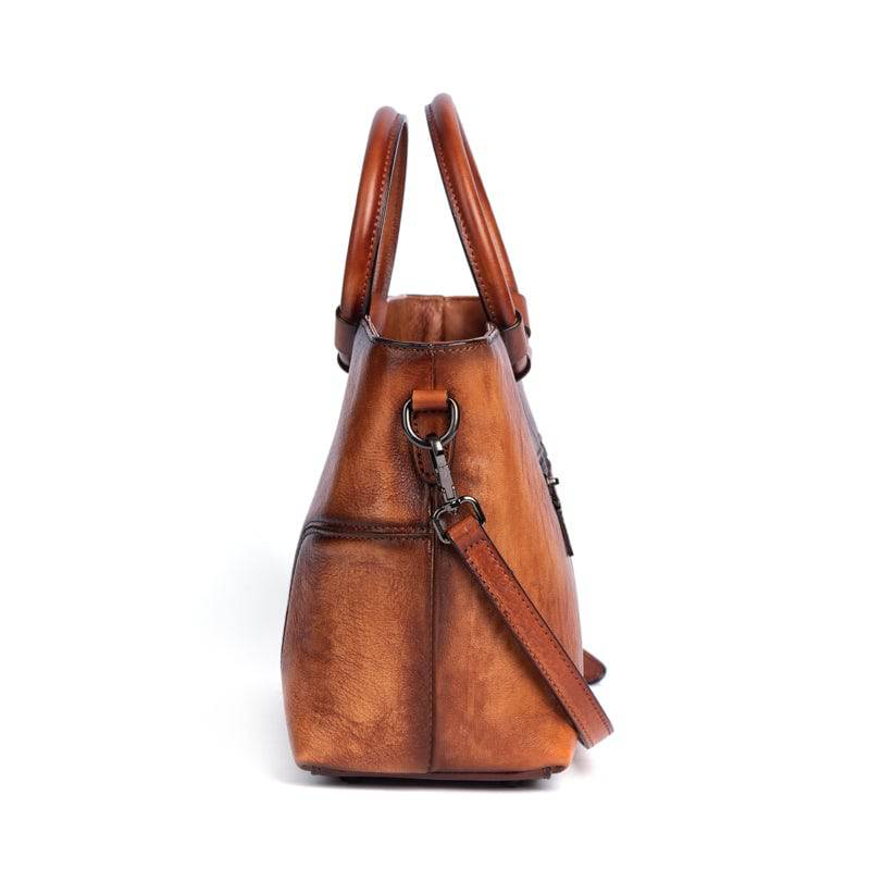 Rossie Viren Women's Fashion Large Capacity Round Handle Vintage Leather Shoulder Tote Bag
