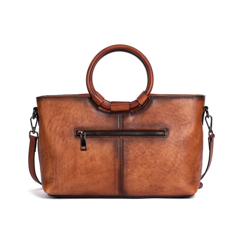 Rossie Viren Women's Fashion Large Capacity Round Handle Vintage Leather Shoulder Tote Bag