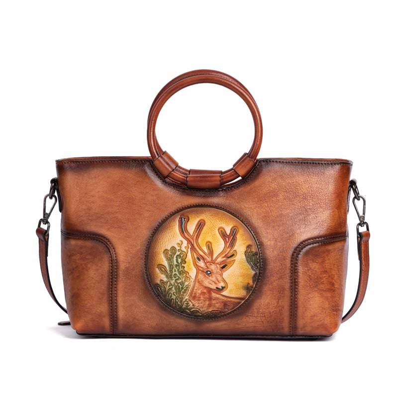 Rossie Viren Women's Fashion Large Capacity Round Handle Vintage Leather Shoulder Tote Bag