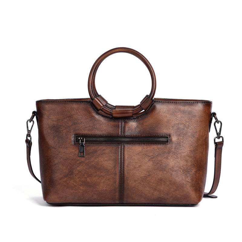 Rossie Viren Women's Fashion Large Capacity Round Handle Vintage Leather Shoulder Tote Bag