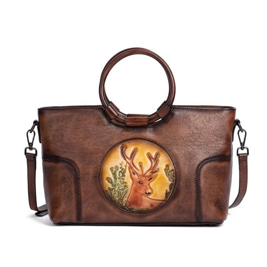 Rossie Viren Women's Fashion Large Capacity Round Handle Vintage Leather Shoulder Tote Bag