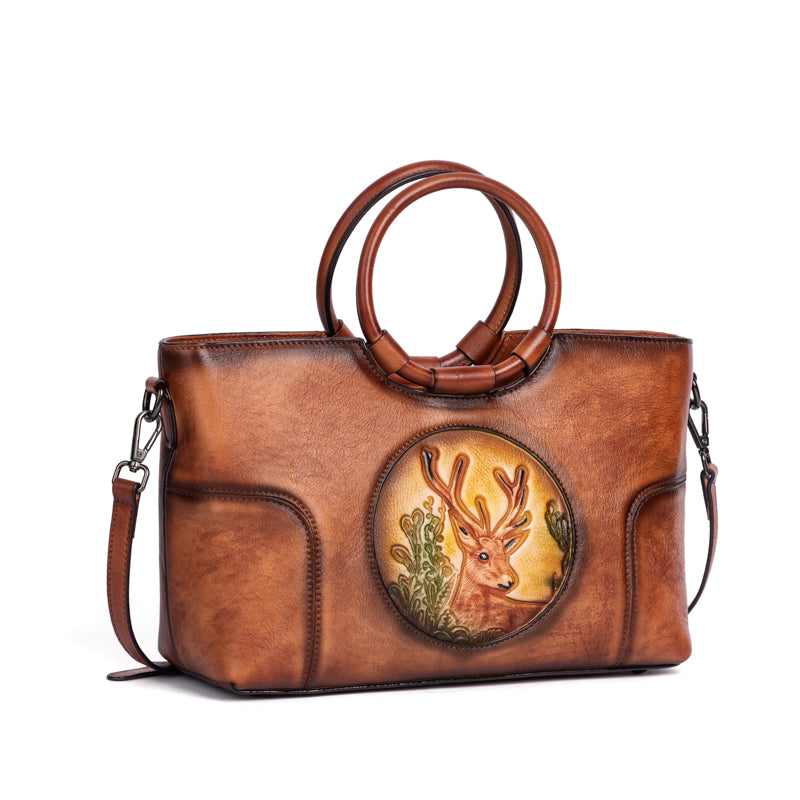 Rossie Viren Women's Fashion Large Capacity Round Handle Vintage Leather Shoulder Tote Bag
