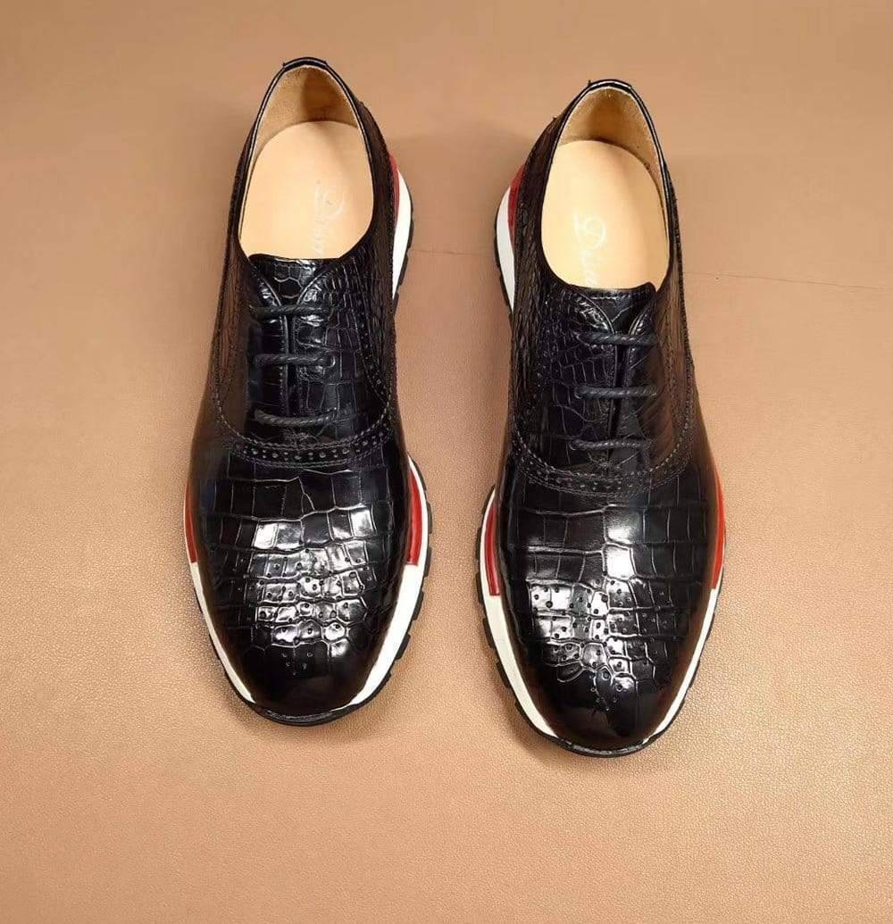 Crocodile Shoes Fashion Men's Sidework Low-Top Casual Sneakers  In Black Crocodile Leather
